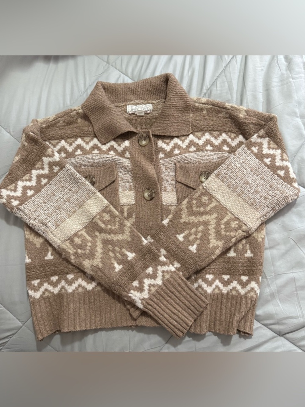 Cozy Geometric Knit Button-Up Cardigan in Taupe and Cream